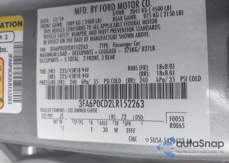 2020 Ford Fusion Sel z USA, uszkodzony, nr VIN 3FA6P0CD2LR152263
